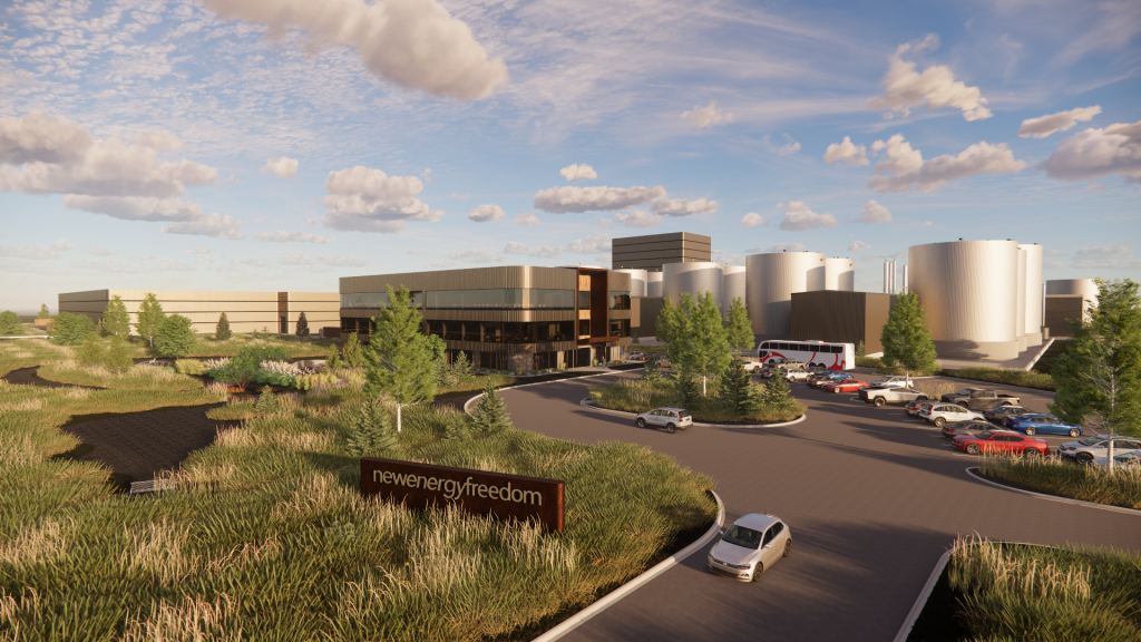 3D rendering of the New Energy Freedom biomass refinery in Mason City, Iowa.