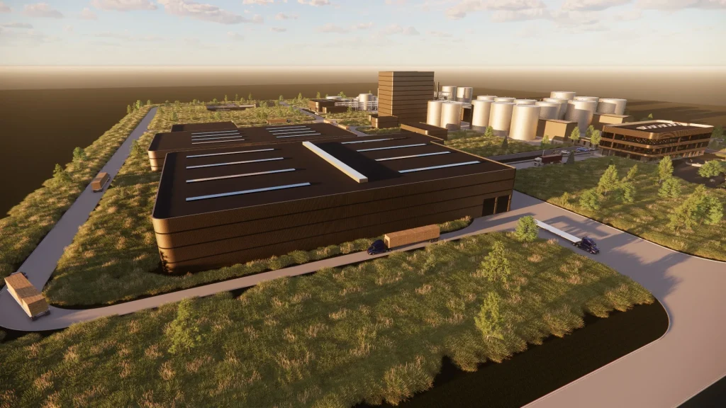 3D rendering of the New Energy Freedom biomass refinery in Mason City, Iowa.